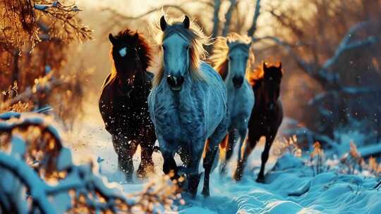 冬季雪地野马自然森林雪景奔跑特写镜头雪景