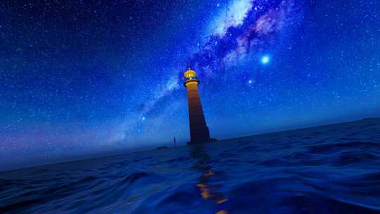 夜晚星空下的海上灯塔