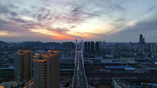 徐州市和平大桥铁路车辆段傍晚夕阳航拍