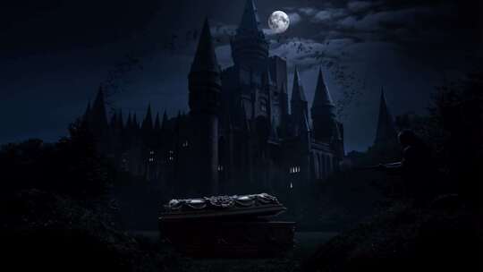 夜晚城堡前的神秘棺材场景