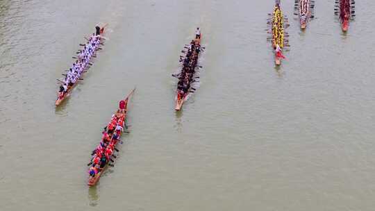 航拍端午节龙舟竞渡福建福州光明港龙舟赛