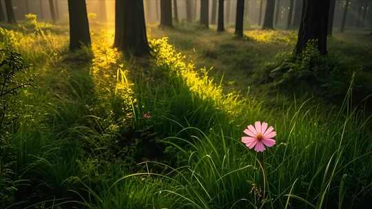 森林晨光下的粉色花朵