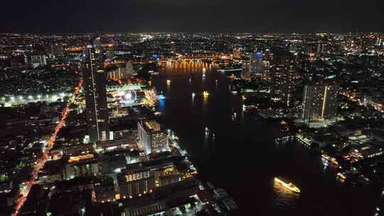 航拍泰国曼谷湄南河城市天际线夜景风光