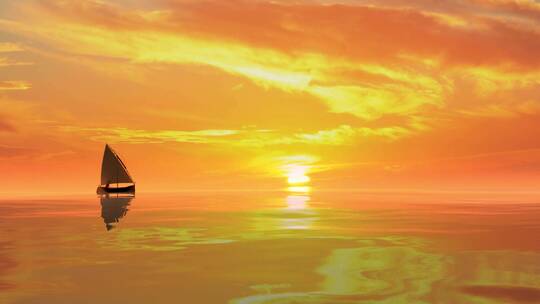 黄昏夕阳下大海远去的帆船