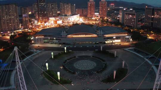 义乌市场体育场夜景风光 渐远视角航拍