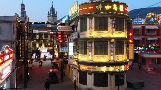 金华横店影视城广州街香港街夜景航拍视频素材模板下载