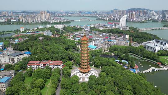 航拍湖北鄂州莲花公园元明塔