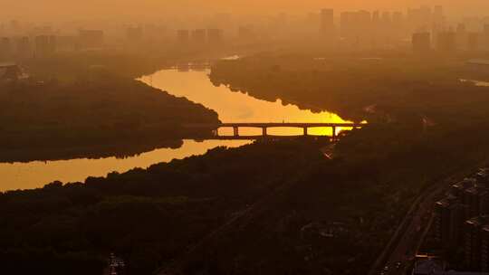 航拍日落时分北京通州大运河