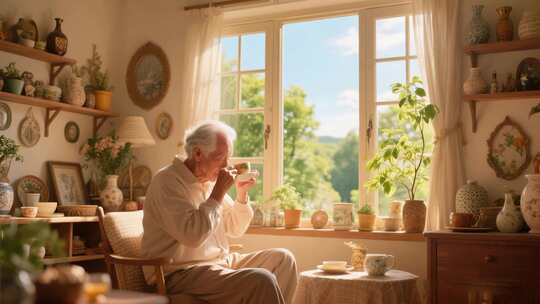 老人室内窗边悠闲喝茶场景