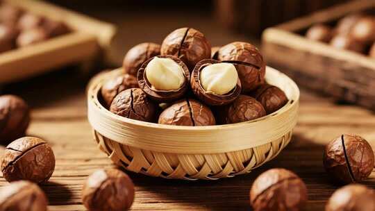 竹篮中装着的夏威夷果素材