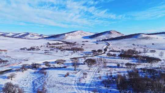 冬季内蒙古乌兰布统蓝天白云雪景航拍