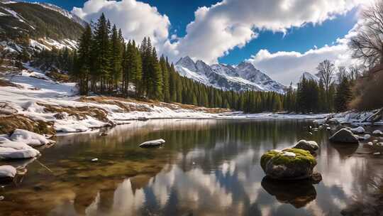 雪山下的森林湖泊风光