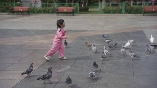 小女孩开心地在喂鸽子