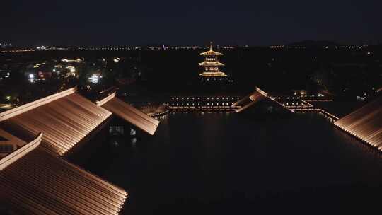 航拍上海广富林文化遗址佛塔夜景