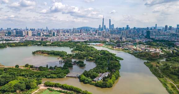 广州海珠湖海珠湿地城市天际线延时航拍4k