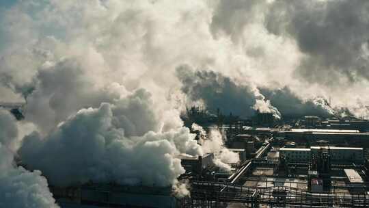 石油化工厂冬季烟雾排放大气壮观航拍