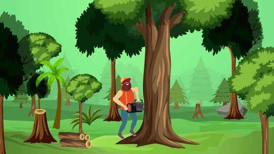 森林砍伐树木伐木工的动画视频素材模板下载
