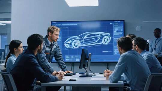 团队会议讨论汽车设计方案