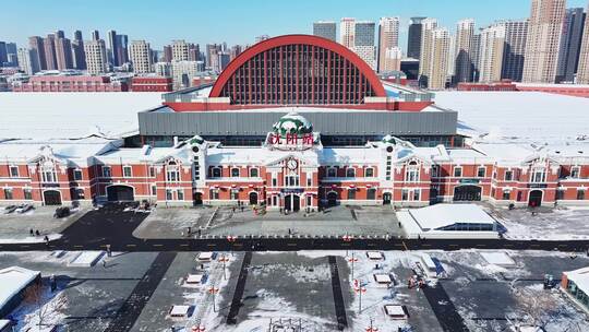 辽宁沈阳站航拍冬季城市雪景航拍