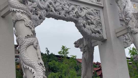 圣水寺庙门头扁石雕龙嘴浮雕摇视频素材模板下载