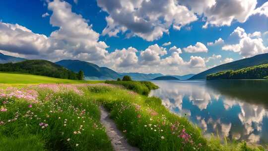 湖边花海与远山风景