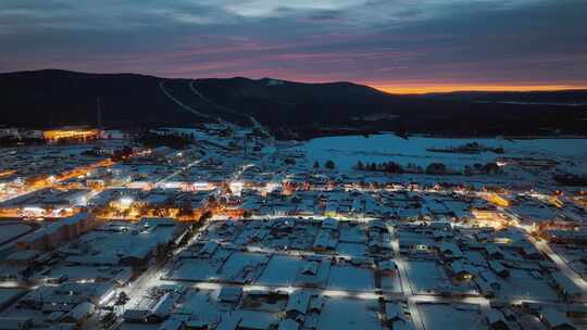 大兴安岭漠河北极村冬季蓝调夜景4K航拍