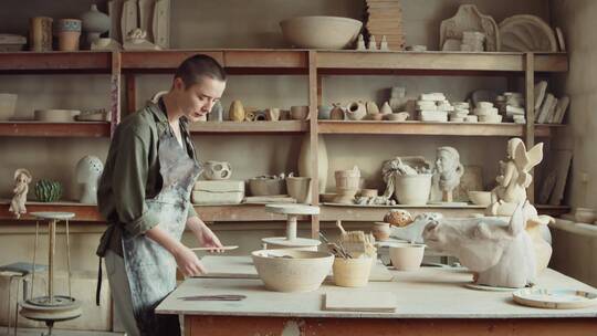 女人在工作室整理陶制工具