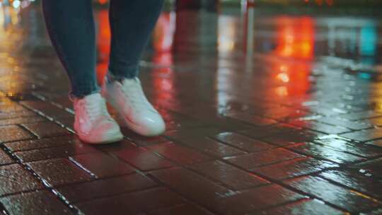 女人走在雨后的街道