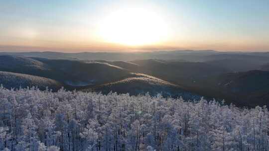 大兴安岭林海雪原寒冬夕阳雪景