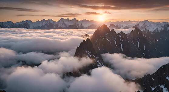 雪山云雾森林阳光树林远山峰大自然生态风景