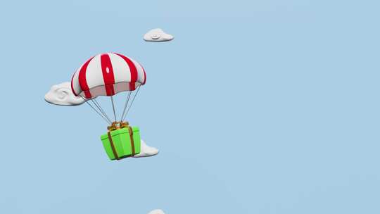 漂浮的云朵和礼物盒带有降落伞的动画视频素材模板下载