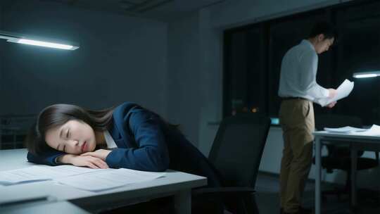 办公室内职员加班与小憩场景