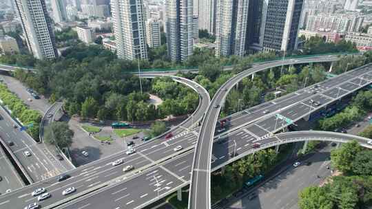 山东济南经十路燕山立交桥车流航拍风景