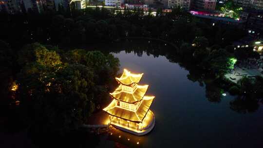 湖南省郴州市北湖区北湖公园夜景航拍4k