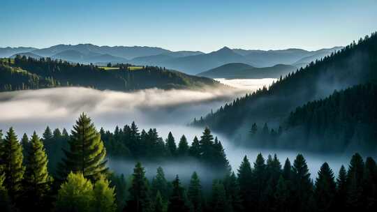 清晨山谷云雾缭绕针叶林自然风光