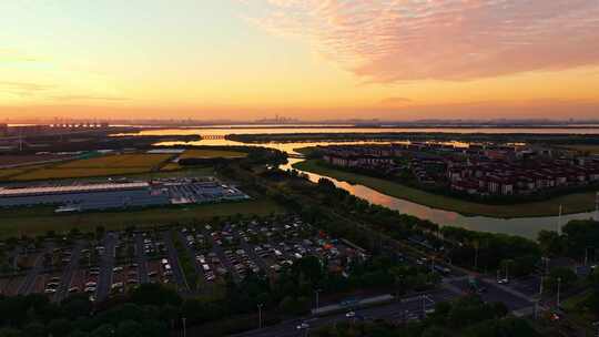 航拍苏州阳澄湖城市自然风光落日黄昏夕阳