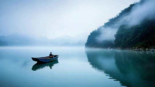 云雾仙境湖泊泛舟小船山水自然风景青山绿水