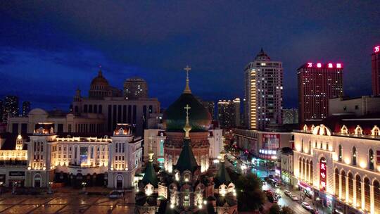 哈尔滨圣索菲亚大教堂广场夜景航拍