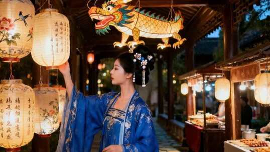 女子身着汉服赏古风灯笼