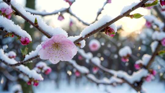 枝头覆雪的绽放粉色花朵