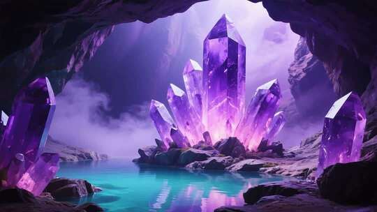梦幻洞穴中的紫色水晶景观