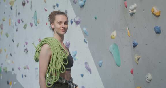 女人，登山者，绳索，人造攀岩墙