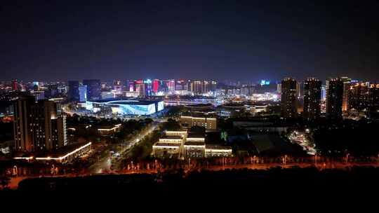 航拍扬州西区明月湖大桥夜景京华城商圈全景