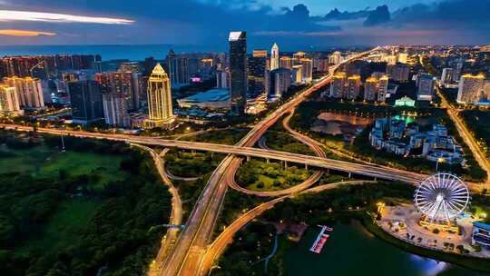海口城市立交桥及周边建筑夜景航拍