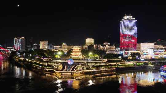 四川宜宾三江交汇处合江楼夜景灯光航拍