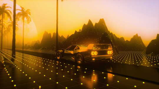 霓虹绿路上的80年代科幻汽车