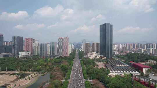 航拍广西柳州城市交通大道地标高楼