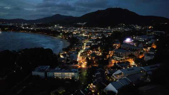 航拍泰国普吉岛卡塔海滩城市夜景风光