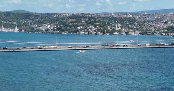 伊斯坦布尔博斯普鲁斯海峡大桥和城市天际线背景与土耳其国旗在美丽的日落