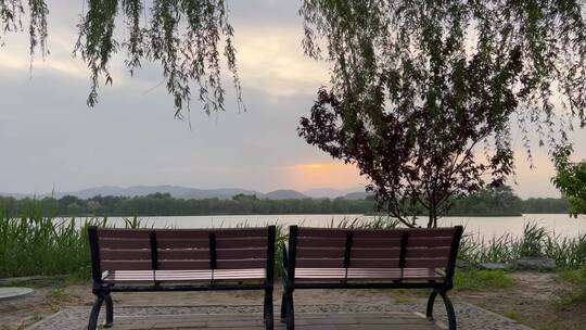 北京圆明园湖边长椅